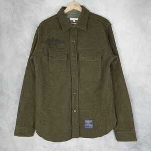 Engineered Garments Wool Shirt Jacket Mens Large Chin Strap Leather Elbow Patch